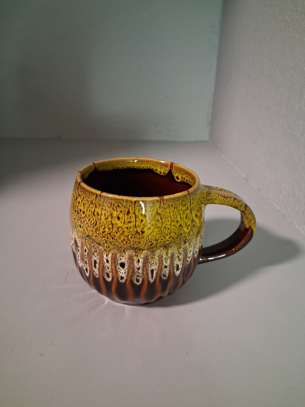 Vintage Studio Pottery Drip Glaze Coffee Mug Brown Yellow Handmade Style Cup